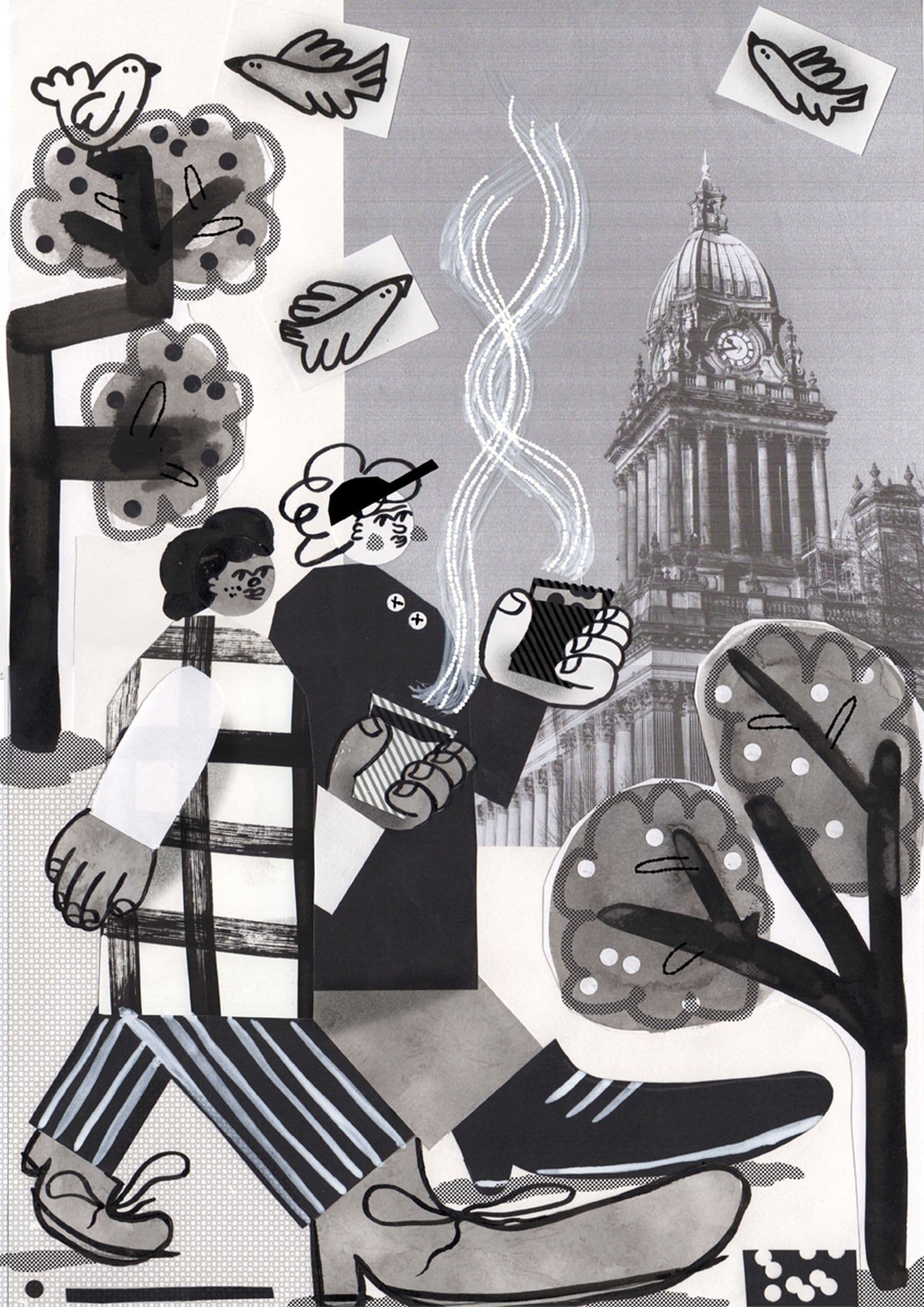 Black and white illustrated collage of two people walking with coffee, surrounded by trees, birds, and the historic Leeds Town Hall building with a clock tower in the background.