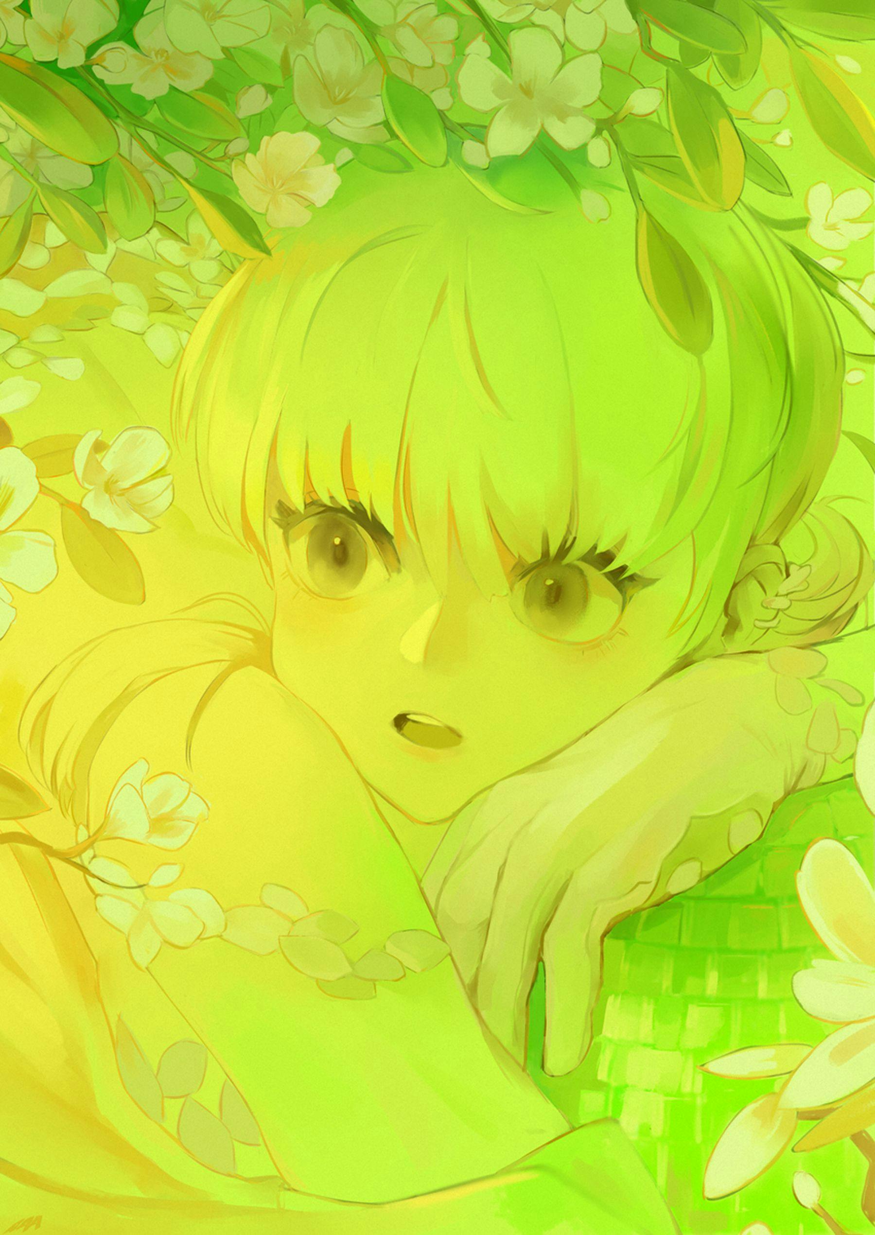 An anime style illustration of a person with large eyes and a long fringe. They are resting against their hand and are surrounded by flowers. The image is tones of green.