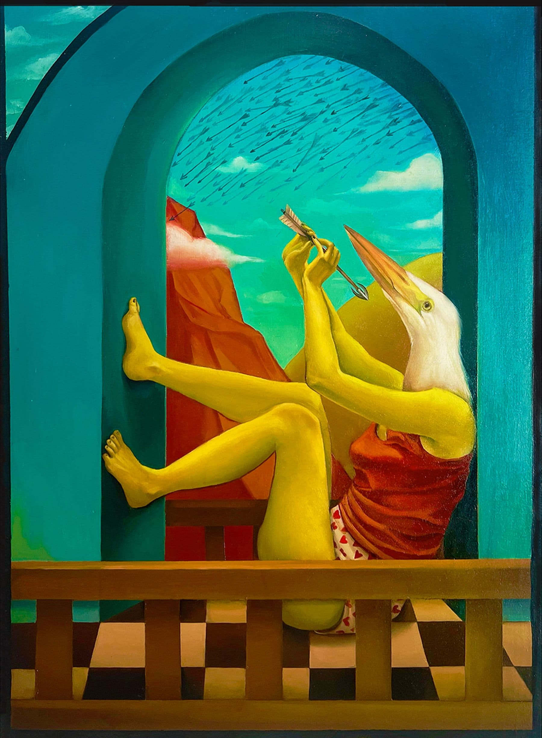 Surreal painting of a humanoid figure with a bird's head, sitting in an archway, holding an arrow against a vibrant sky and mountainous backdrop.