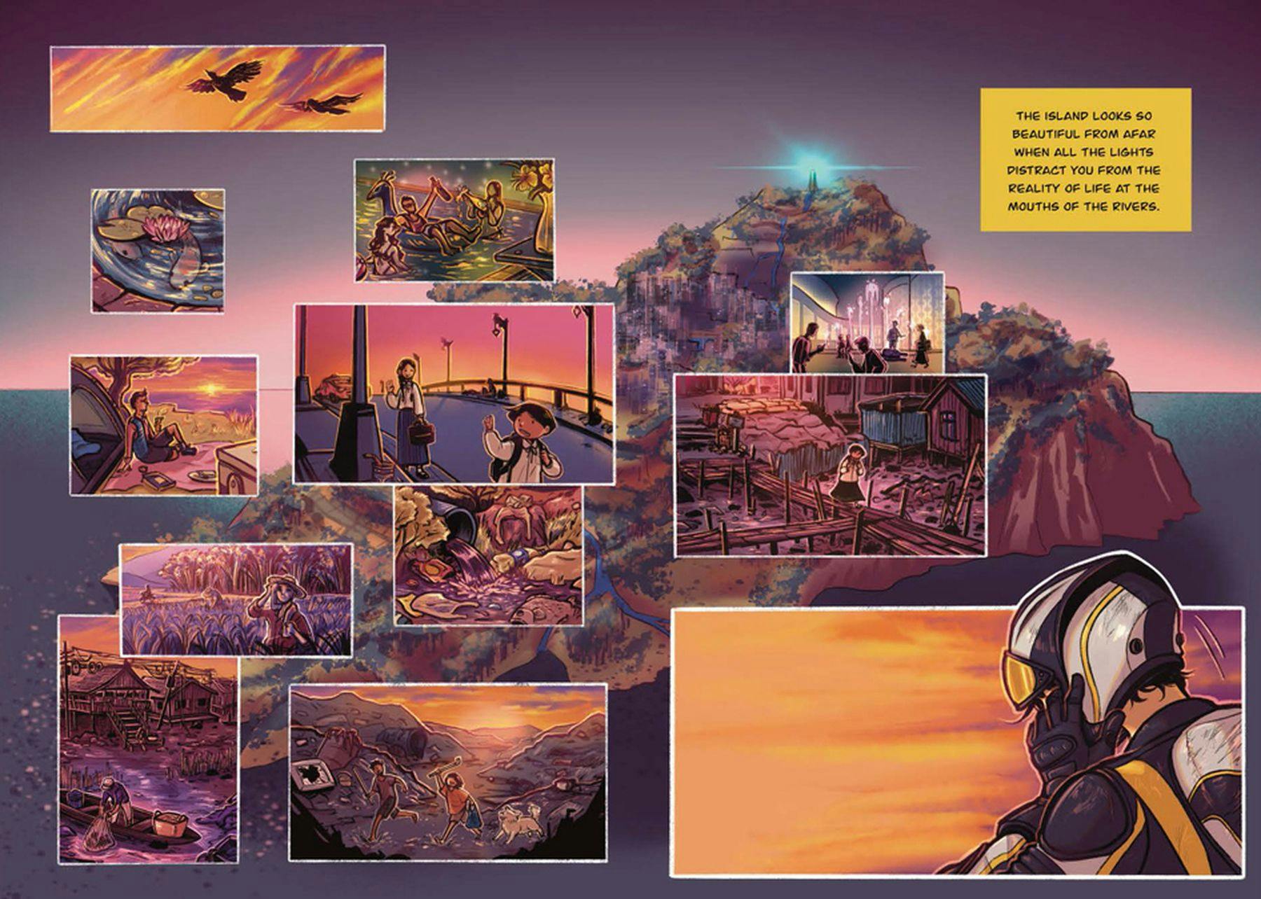 A comic book illustration of an island with a blue light at the tip against a pink sunset. The image is overlayed with smaller images in boxes which show different scenes of life on the island. The text reads: The island looks so beautiful from afar when all the lights distract you from the reality of life at the mouths of the rivers.