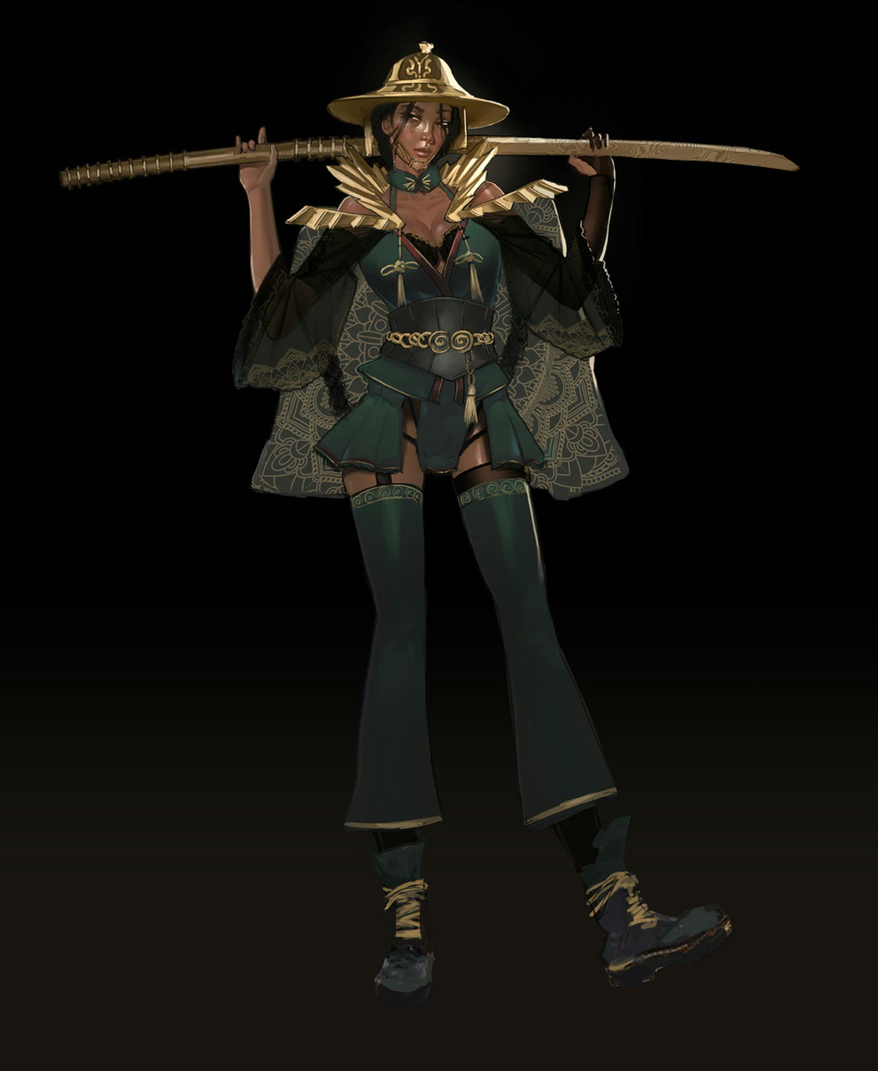 A dark illustration against a black background of a person wearing a gold hat and a green outfit with gold details. The trousers are attached like suspenders. They are wearing a cape large gold collar and hold a long sword across both shoulders.